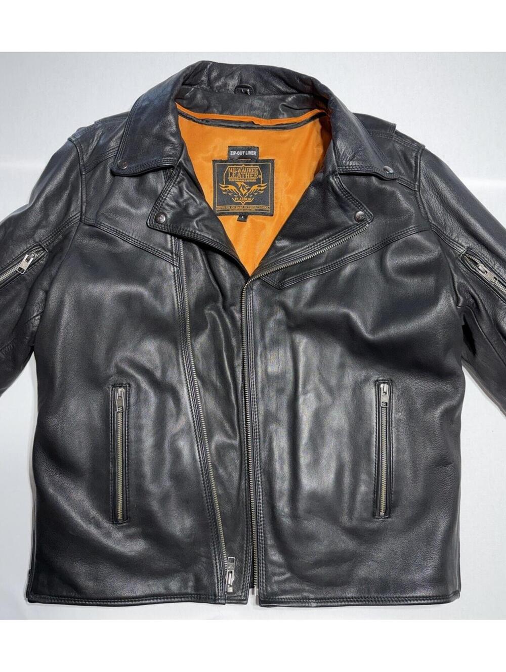 Milwaukee Leather Platinum Men’s L Black Cowhide Moto Jacket Zip Out Liner